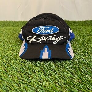 Vintage 90s 1990 Ford Racing Flames Hat SnapBack Black And Blue Fire